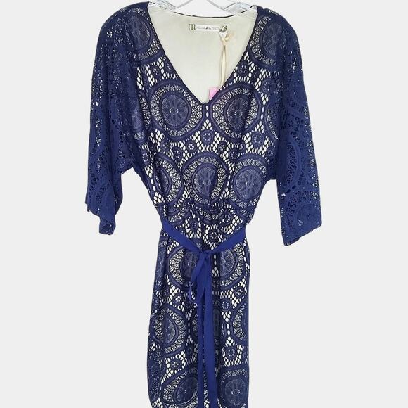 Chelsea Violet Blue Lace Dress Belted Boho Tunic Navy Blue Mini Slip Over NEW - Picture 1 of 14